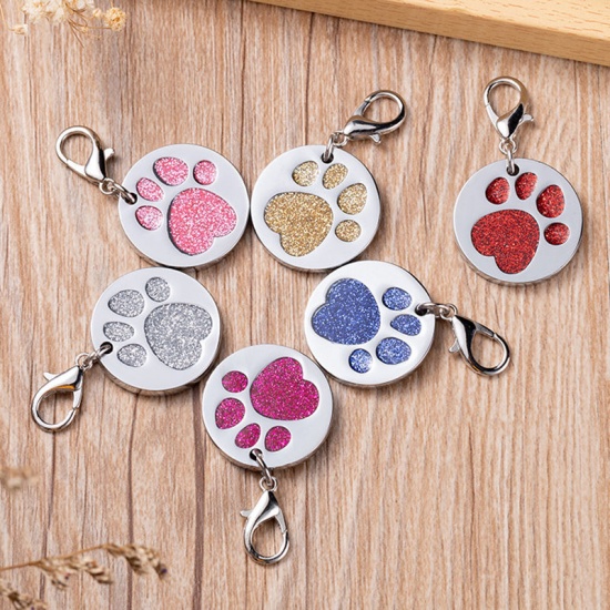 Picture of Zinc Based Alloy Pet Memorial Charms Round Silver Tone Golden Paw Claw Glitter 27mm, 2 PCs