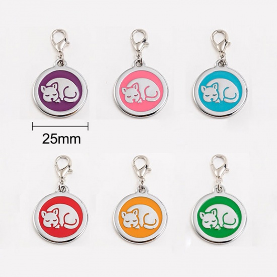 Picture of Zinc Based Alloy Pet Memorial Charms Round Silver Tone Pink Cat Enamel 25mm, 2 PCs