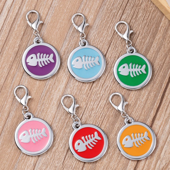 Picture of Zinc Based Alloy Pet Memorial Charms Round Silver Tone Skyblue Fish Bone Enamel 25mm, 2 PCs