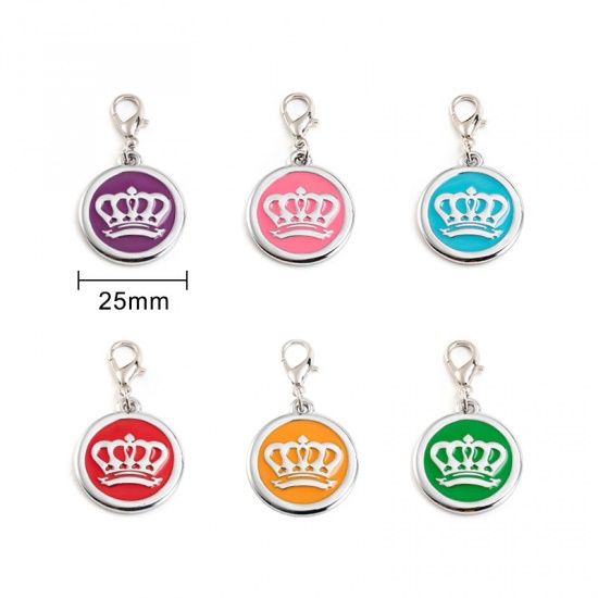 Picture of Zinc Based Alloy Pet Memorial Charms Round Silver Tone Red Crown Enamel 25mm, 2 PCs