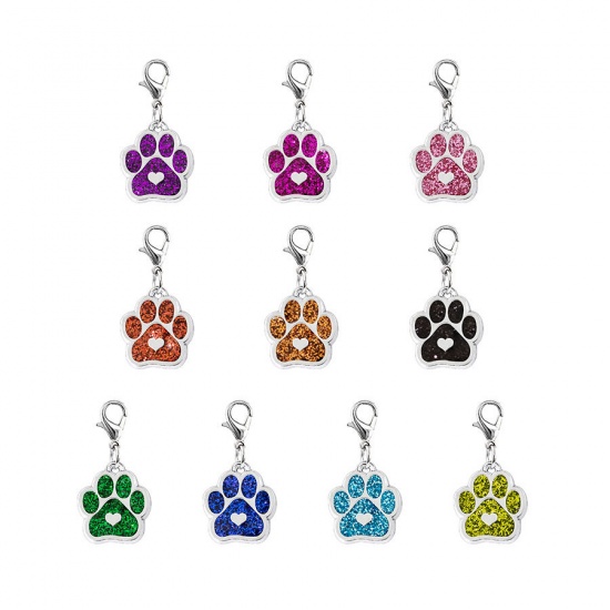 Picture of Zinc Based Alloy Pet Memorial Knitting Stitch Markers Pendants Dog Paw Claw Silver Tone Olive Green Heart Glitter 33mm, 2 PCs