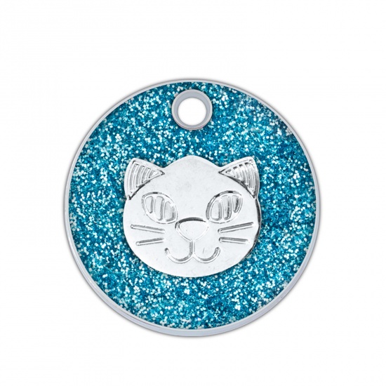 Picture of Zinc Based Alloy Pet Memorial Charms Round Silver Tone Olive Green Cat Glitter 25mm Dia., 5 PCs