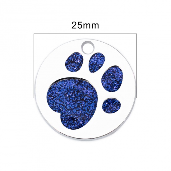 Picture of Zinc Based Alloy Pet Memorial Charms Round Silver Tone Olive Green Paw Claw Glitter 25mm Dia., 5 PCs
