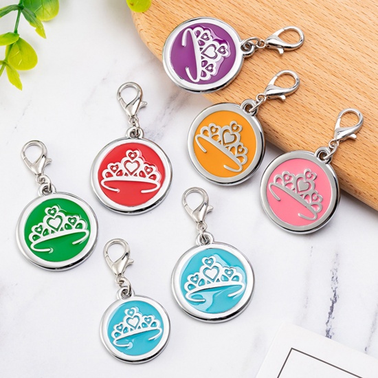 Picture of Zinc Based Alloy Pet Memorial Charms Round Silver Tone Skyblue Crown Enamel 25mm, 2 PCs