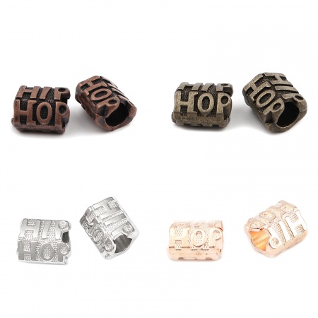 Lega di Zinco Perline Ossido di Rame Cilindrico Lettere " HIP HOP " 14mm x 10mm, Foro:Circa 5.3mm, 30 Pz