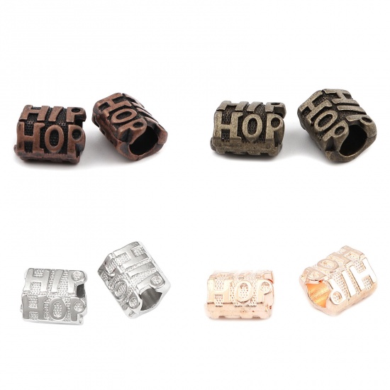 Immagine di Lega di Zinco Perline Ossido di Rame Cilindrico Lettere " HIP HOP " 14mm x 10mm, Foro:Circa 5.3mm, 30 Pz