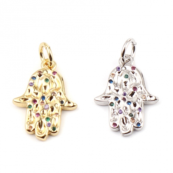 Picture of Copper Religious Charms Gold Plated Hamsa Symbol Hand Micro Pave Multicolor Rhinestone 21mm x 12mm, 1 Piece