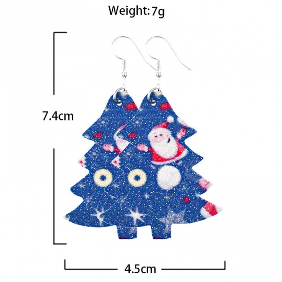 Picture of PU Leather Earrings Multicolor Christmas Tree 75mm x 45mm, 1 Pair