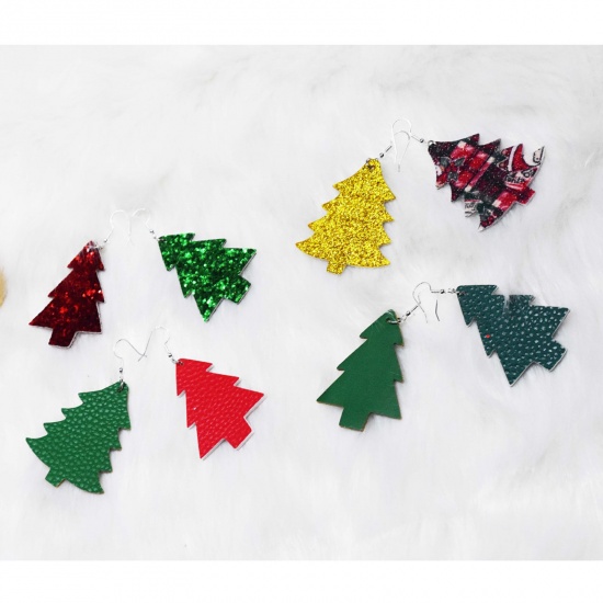 Picture of PU Leather Earrings Multicolor Christmas Tree 75mm x 45mm, 1 Pair