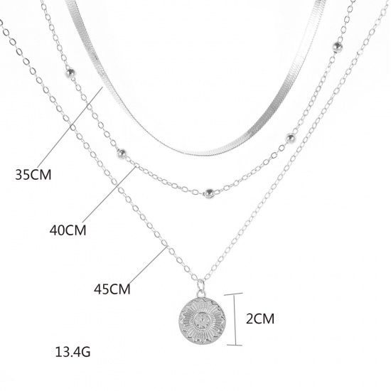 Imagen de Multilayer Layered Necklace Silver Tone Round Lotus Flower 35cm(13 6/8") long, 1 Piece