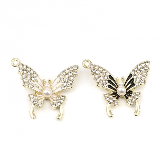 Picture of Zinc Based Alloy Micro Pave Charms Butterfly Insect Animal Gold Plated White Acrylic Enamel Imitation Pearl Clear Rhinestone 24mm x 23mm, 3 PCs