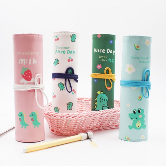 Picture of PU Leather Roll Up Wrap Pencil Case Pouch Cute Dinosaur White 26cm x 21cm, 1 Piece