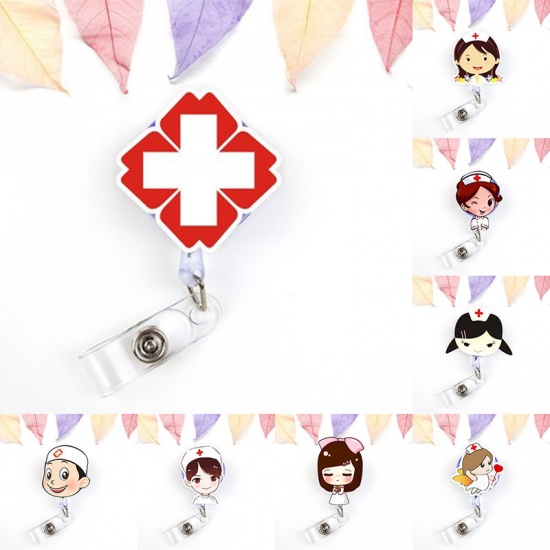 Picture of Acrylic Medical Retractable ID Badge Card Holder Reels Clips Nurse Multicolor 1 Piece