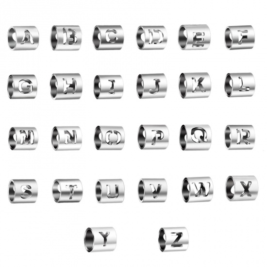 Picture of 304 Stainless Steel Beads Cylinder Silver Tone Initial Alphabet/ Capital Letter 6mm x 6mm, 2 PCs