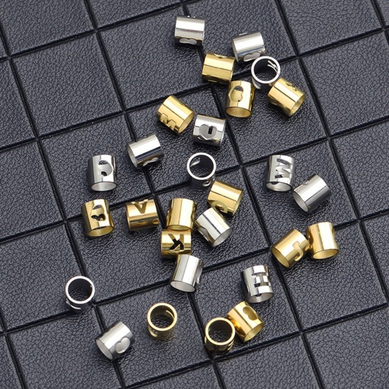 Imagen de 304 Acero Inoxidable Cuentas Cilíndrico Chapado en Oro Mayúscula Letra 6mm x 6mm, 2 Unidades