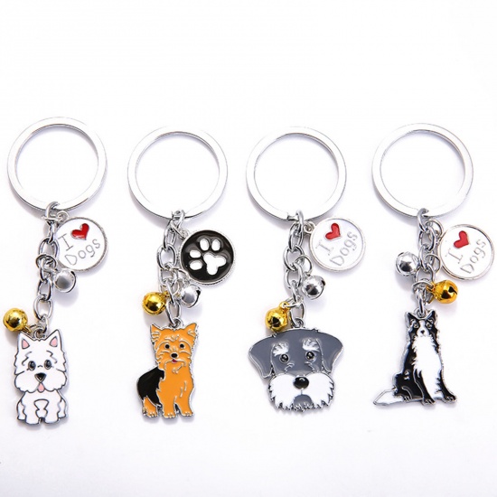 Picture of Pet Memorial Keychain & Keyring Silver Tone Yellow Maltese Animal Bell Enamel 10cm, 1 Piece