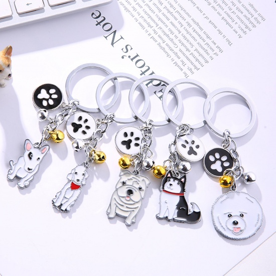 Picture of Pet Memorial Keychain & Keyring Silver Tone Yellow Maltese Animal Bell Enamel 10cm, 1 Piece