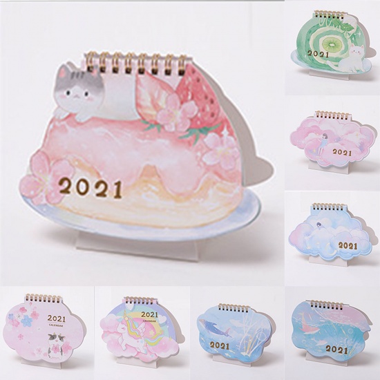 Bild von Papier 2021 Neujahr Tischkalender Sakura Blumenmilch Kuh Muster Blau 16,3 cm x 11,5 cm, 1 Stück