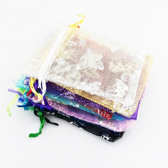 結婚祝い ギフト オーガンジー袋 巾着袋 アクセサリーバック ラッピング  ドローストリングバッグ 長方形 多色 蝶パターン 9cm x 7cm、 20 個 の画像