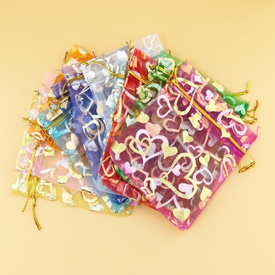 結婚祝い ギフト オーガンジー袋 巾着袋 アクセサリーバック ラッピング  ドローストリングバッグ 長方形 多色 ハートパターン 9cm x 7cm、 20 個 の画像