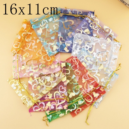 Picture of Wedding Gift Organza Drawstring Bags Rectangle Multicolor Heart 16cm x11cm(6 2/8" x4 3/8"), 20 PCs