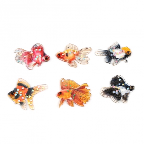 Picture of Resin Ocean Jewelry Pendants Goldfish Black Sequins 35mm x 30mm, 3 PCs