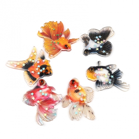 Picture of Resin Ocean Jewelry Pendants Goldfish Black Sequins 35mm x 30mm, 3 PCs