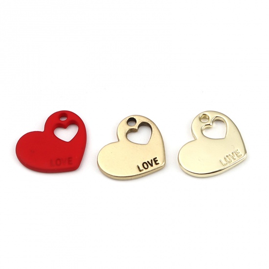 Picture of Zinc Based Alloy Valentine's Day Charms Heart Gold Tone Antique Gold Message " LOVE " Matte 18mm x 15mm, 10 PCs
