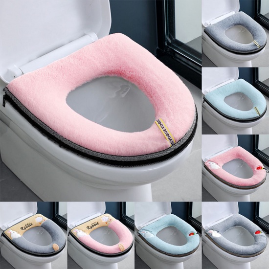 Immagine di Blue - Washable Reusable Waterproof PU Bottom Winter Plush Thickened Zipper With Handle Toilet Seat Cover Rabbit Cloud 43x37.5cm, 1 Piece