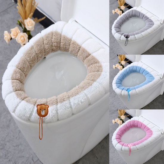 Immagine di Pink - Universal Washable Reusable Elastic Winter Plush Thickened Toilet Seat Cover with Handle 31cm Dia., 1 Piece