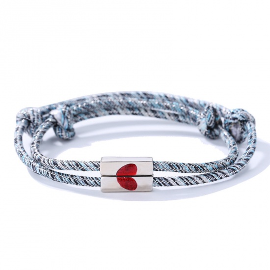 Picture of Copper Braiding Braided Bracelets Accessories Findings Distance Silver Tone Red & Blue Heart Magnetic 1 Set ( 2 PCs/Set)