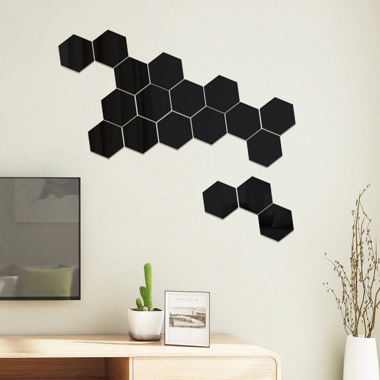 黒-クリエイティブアクリルDIY六角形ミラーウォールステッカーデコレーション、12個 の画像