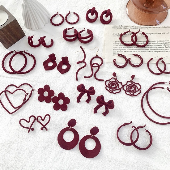 Picture of Flocking Insect Hoop Earrings Wine Red Butterfly Animal 52mm x 35mm, 1 Pair