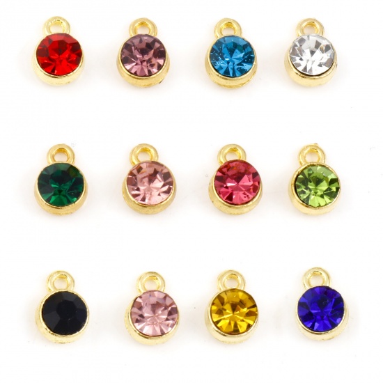 Picture of Zinc Based Alloy & Glass Birthstone Charms Round Gold Plated Light Pink June 10mm x 7mm, 20 PCs