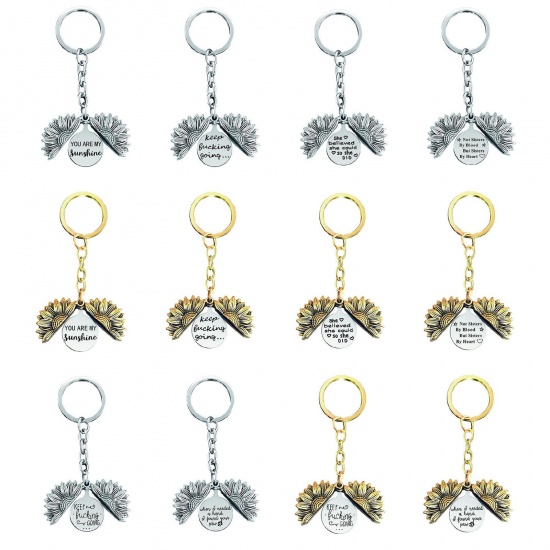 Picture of Stainless Steel Positive Quotes Energy Keychain & Keyring Round Gold Tone Antique Gold Sunflower Message " Remember Love you Mom " Can Open 1 Piece