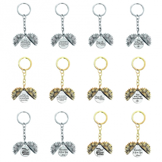 Picture of Stainless Steel Positive Quotes Energy Keychain & Keyring Round Gold Tone Antique Gold Sunflower Message " Remember Love you Mom " Can Open 1 Piece