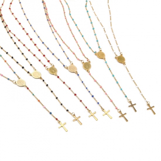 Picture of Stainless Steel Religious Link Cable Chain Prayer Beads Rosary Necklace Gold Plated Cross Virgin Mary Enamel 49cm(19 2/8") long