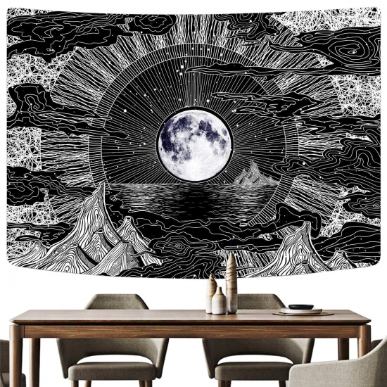 Image de Noir - Tapisserie de Chambre Décoration de Paysage Fond Suspendu Lune Étoiles Montagne Nuage 230x180cm, 1 Pièce