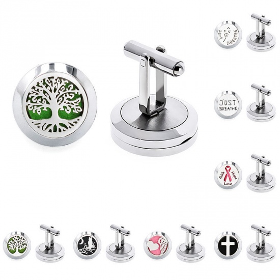 Immagine di Silver Tone - 316L Stainless Steel Aromatherapy Essential Oil Diffuser Magnetic Locket Tree Of Life Cufflinks For Men Suit Shirt Cuff Links Accessories 2cm Dia., 1 Piece