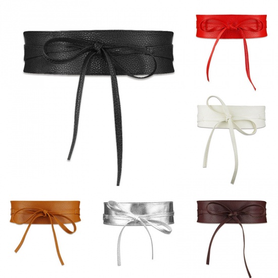 Изображение Beige - PU Leather Elastic Women Wide Waist Belt Waistband Corset Tie Belt 220cm, 1 Piece
