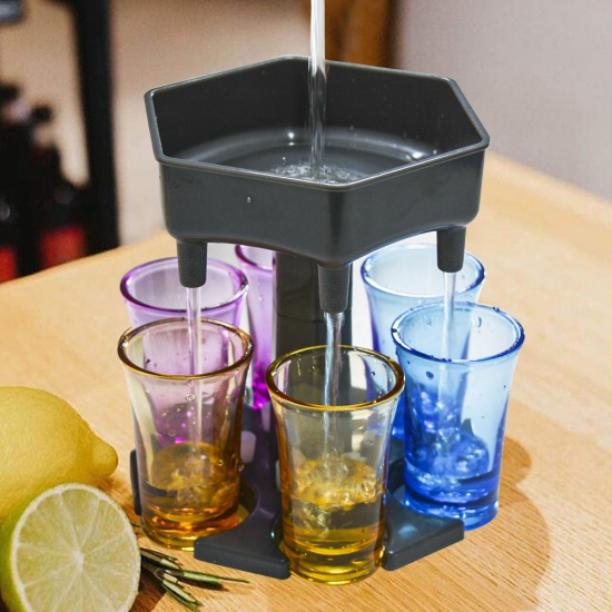 Immagine di Transparent - 6 Shot Glass Wine Cocktail Fast Fill Tool Cooler Beer Beverage Drink Buddy Dispenser Party Bar Accessories with 6 Piece Cup 13.7x13.2x12.3cm, 1 Set