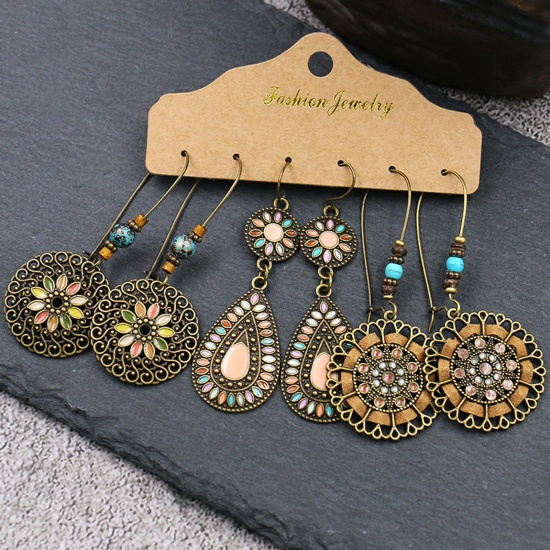 Picture of Boho Chic Bohemia Tassel Earrings Antique Copper Round Flower Enamel 1 Set ( 3 Pairs/Set)