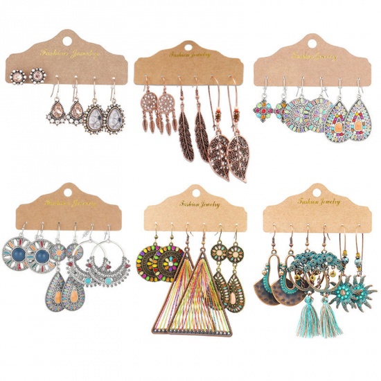 Picture of Boho Chic Bohemia Earrings Antique Copper Feather Shell Patina 1 Set ( 3 Pairs/Set)