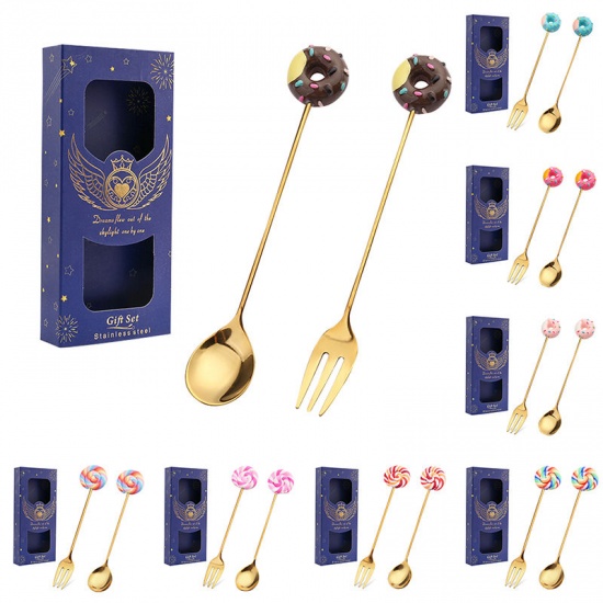 Picture of Multicolor - Lollipop Gold Plated 430 Stainless Steel Spoon And Fork Tableware Gift Box For Children, 1 Set