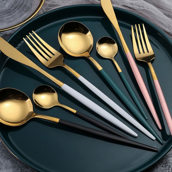 Immagine di White - 4 PCs/Set Gold Plated 410 Stainless Steel Knife Fork Spoon Dinnerware Tableware Gift Box, 1 Set