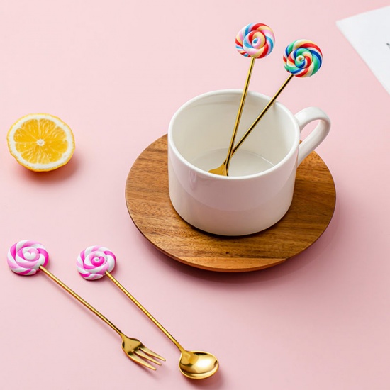 Immagine di Multicolor - Gold Plated Creative Cute Lollipop 304 Stainless Steel Dessert Spoon 14x2.5cm, 1 Piece