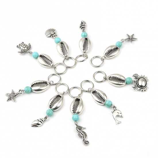 Picture of Zinc Based Alloy Knitting Stitch Markers Fishtail Antique Silver Color Green Blue Shell 44mm x 12mm, 10 PCs