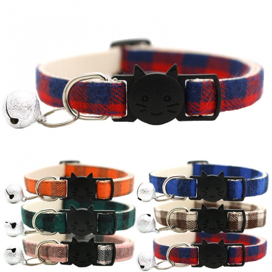 Immagine di Coffee - Pet Cat Collar Safety Breakaway Buckle Plaid with Bell Adjustable Suitable Kitten Puppy Supplies 19cm-32cm, 1 Piece