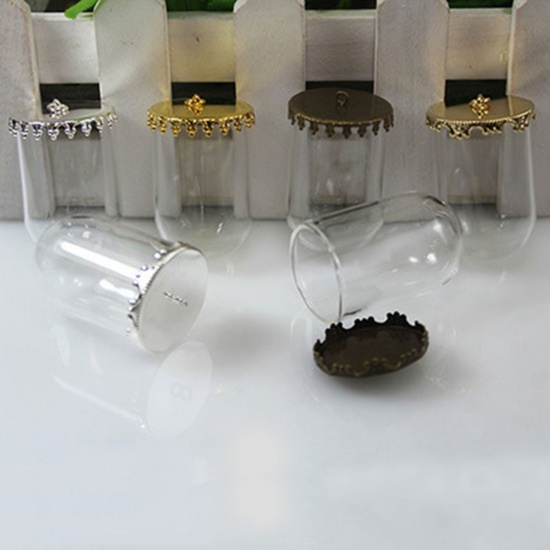 Bild von Zinklegierung Glaskugel Flasche Für Ohrring Ring Halskette Wunschflasche Bronzefarben Transparent 25mm x 18mm, 1 Set 2 PCs/Set