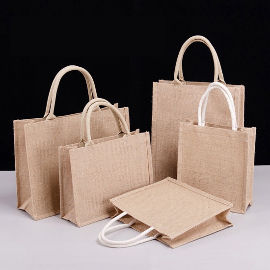 Imagen de Beige - Environmentally Friendly High Capacity Waterproof PVC Membrane Jute Tote Bag with Cotton Handle 26x27x10cm, 1 Piece